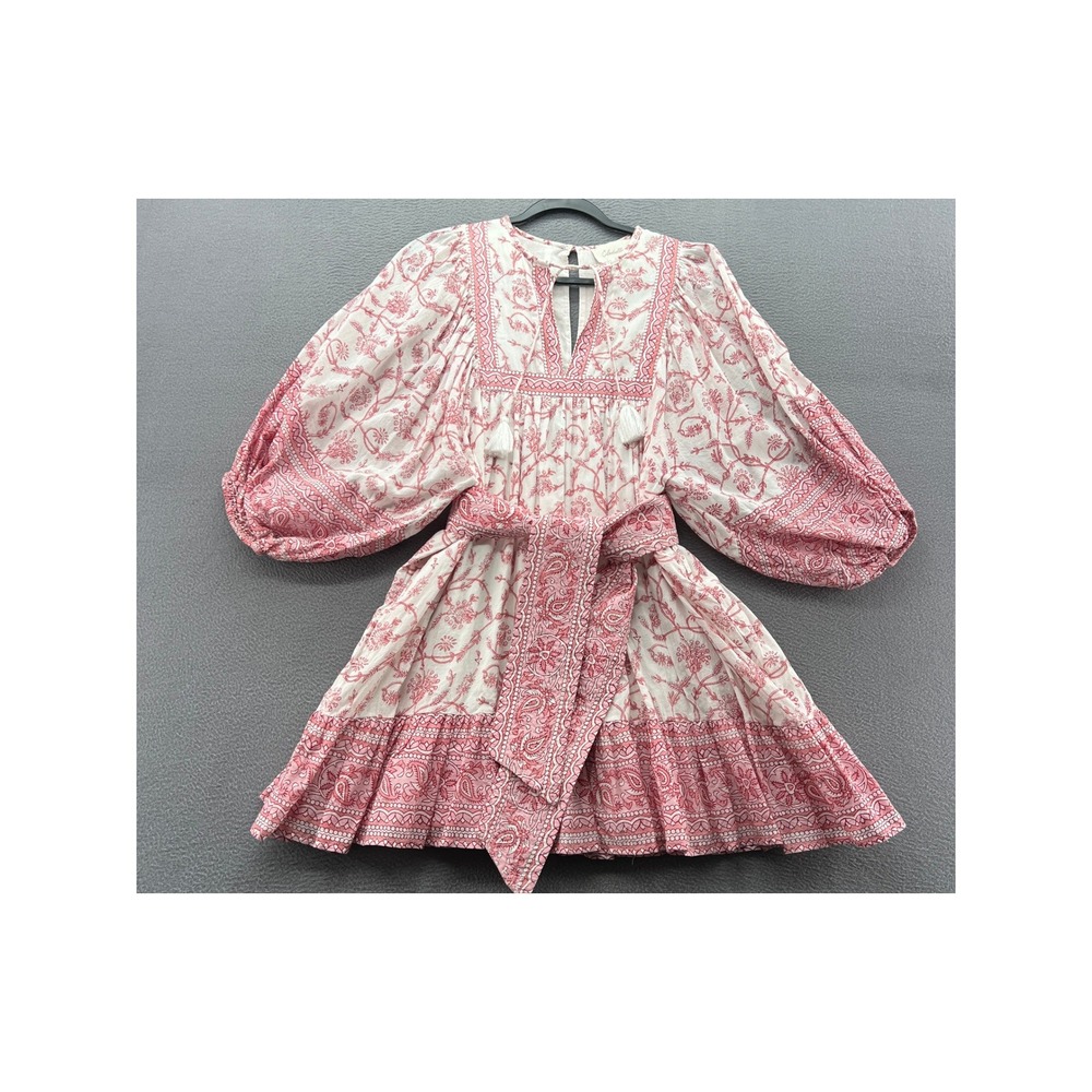 Cleobella Dress Red White Floral Woodblock Mini Balloon Sleeve Tassel Belted M